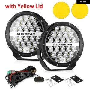 AUXBEAM 7インチ 丸型 LED ドライビングライト 防水 ワークライト ハーネス付き トラック ピックアップオフロード用 - with Yellow Lid