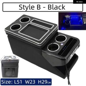 1X センターコンソール アームレスト ボックス USB カップホルダー 付きムードライト VW カラベル / マルチバン T4 T5 T6 T7 2000-2023 - B Black