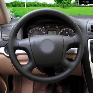 トリム本革ステアリング ホイールカバー 古いシュコダオクタビアファビア 38626 - Black Thread