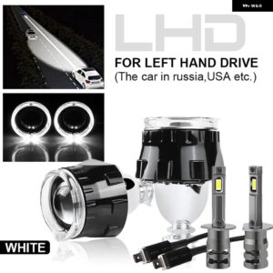 LED エンジェルアイズレンズフルキット H4 H7 ヘッドライト レンズ 2.5 HID バイキセノンプロジェクターレンズ H1 LED 電球付きカーライト - 2x Black LHD White