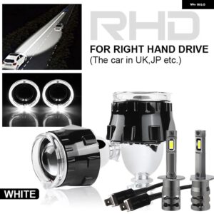 LED エンジェルアイズレンズフルキット H4 H7 ヘッドライト レンズ 2.5 HID バイキセノンプロジェクターレンズ H1 LED 電球付きカーライト - 2x Black RHD White