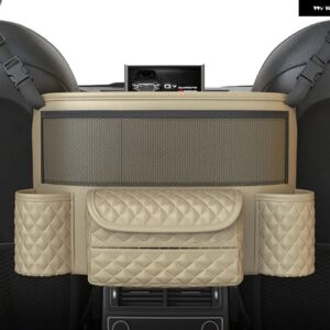 レザーカーシート ミドルハンガー収納バッグ高級オートハンドバッグホルダー シート 間ティッシュウォーターカップポケット収納整理整頓 - Beige