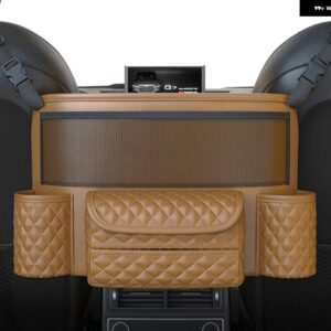レザーカーシート ミドルハンガー収納バッグ高級オートハンドバッグホルダー シート 間ティッシュウォーターカップポケット収納整理整頓 - brown