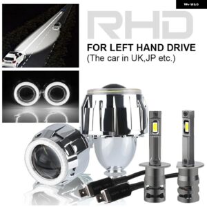 LED エンジェルアイ ヘッドライト プロジェクターレンズ 2.5インチ バイキセノン フルキット H1 LED 電球付き ホワイトリング LED HALO H4 H7 - 2pcs RHD White Halo