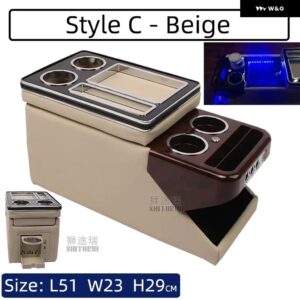1X センターコンソール アームレスト ボックス USB カップホルダー 付きムードライト VW カラベル / マルチバン T4 T5 T6 T7 2000-2023 - C Beige