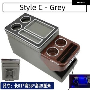 1X センターコンソール アームレスト ボックス USB カップホルダー 付きムードライト VW カラベル / マルチバン T4 T5 T6 T7 2000-2023 - C gray