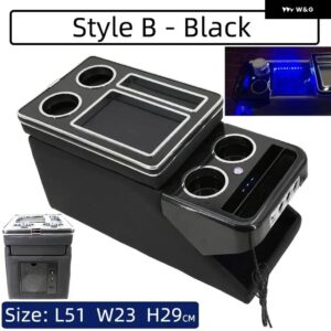 1X センターコンソール アームレスト ボックス USB カップホルダー 付きムードライト VW カラベル / マルチバン T4 T5 T6 T7 2000-2023 - B Black