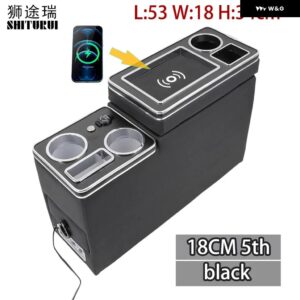 VW カラベル / マルチバン T4 T5 T6 2003-2023 アップド センター コンソール アームレスト ボックス 電話 ワイヤレス 充電付き - 5TH black