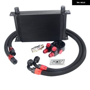 AN10 オイルクーラー キット 25列トランス ミッション オイルクーラー + オイル フィルター アダプター + ステンレス 編組ホース ステッカー と ボックス - BLACK 25ROWS 6746BK