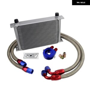 AN10 オイルクーラー キット 25列トランス ミッション オイルクーラー + オイル フィルター アダプター + ステンレス 編組ホース ステッカー と ボックス - SILVER 25ROWS 6721BR