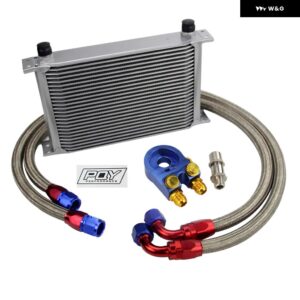 AN10 オイルクーラー キット 25列トランス ミッション オイルクーラー + オイル フィルター アダプター + ステンレス 編組ホース ステッカー と ボックス - SILVER 25ROWS 6746B