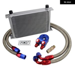 AN10 オイルクーラー キット 25列トランス ミッション オイルクーラー + オイル フィルター アダプター + ステンレス 編組ホース ステッカー と ボックス - SILVER 25ROWS 6723BR