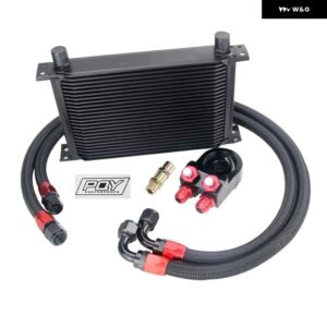 AN10 オイルクーラー キット 25列トランス ミッション オイルクーラー + オイル フィルター アダプター + ステンレス 編組ホース ステッカー と ボックス - BLACK 25ROWS 6723BK