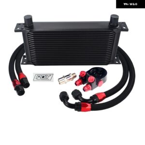 AN10 19ROWS トランス ミッション オイルクーラー キット + オイル フィルター アダプター + ステンレス 編組ホース ステッカー + ボックス - BLACK 19ROWS 6746BK