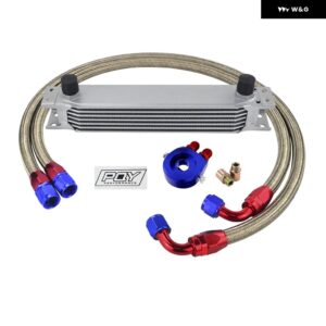 AN10 オイルクーラー キット 7列トランス ミッション オイルクーラー + オイル フィルター アダプター + ステンレス 編組ホース ステッカー と ボックス - SILVER 7ROWS 6721BR