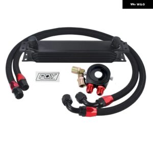 AN10 オイルクーラー キット 7列トランス ミッション オイルクーラー + オイル フィルター アダプター + ステンレス 編組ホース ステッカー と ボックス - BLACK 7ROWS 6721BK