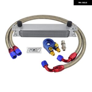 AN10 オイルクーラー キット 7列トランス ミッション オイルクーラー + オイル フィルター アダプター + ステンレス 編組ホース ステッカー と ボックス - SILVER 7ROWS 6746B