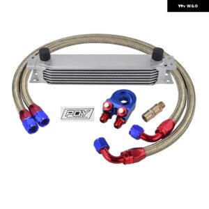 AN10 オイルクーラー キット 7列トランス ミッション オイルクーラー + オイル フィルター アダプター + ステンレス 編組ホース ステッカー と ボックス - SILVER 7ROWS 6723BR