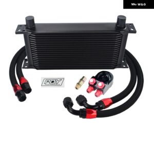 AN10 19列トランス ミッション オイルクーラー キット + オイル フィルター アダプター + 1 1.2メートルステンレス 編組ホース AN10 継手付き - BLACK 19ROWS 6723BK