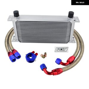 AN10 19列トランス ミッション オイルクーラー キット + オイル フィルター アダプター + 1 1.2メートルステンレス 編組ホース AN10 継手付き - SILVER 19ROWS 6721BR