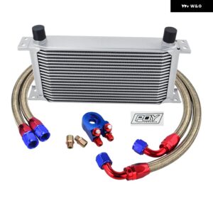 AN10 19列トランス ミッション オイルクーラー キット + オイル フィルター アダプター + 1 1.2メートルステンレス 編組ホース AN10 継手付き - SILVER 19ROWS 6723BR