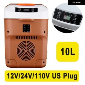 10L ミニ冷蔵庫 冷蔵 冷凍LEDスマート ディスプレイ 付きホットデュアル目的ポータブル屋外食品保管アイス ボックス ドリンククーラー冷蔵庫 - Brown US Plug