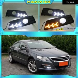 2個 カーライト VW パサート CC 2009-13 LED DRL デイタイム ランニングライト フォグランプ カバー 付き - White and Yellow