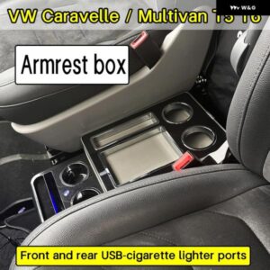 1X センターコンソール アームレスト ボックス USB カップホルダー 付きムードライト VW カラベル / マルチバン T4 T5 T6 T7 2000-2023