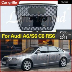 A6/S6 C6 2005-11 フロントスポーツ六角メッシュハニカムフード グリル フレーム ブラック グリル RS6 スタイル