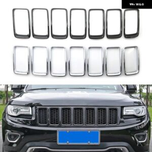 7個 /ブラック フロントグリル 挿入リングトリム カバー ABS ジープ グランドチェロキー 2014 2015 2016 カスタムパーツ アクセサリー 交換