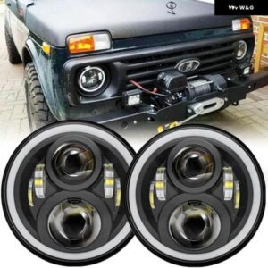カーアクセサリーブラック 7インチ ヘッドライト エンジェルアイズ ハロー H4 LED ヘッドライト LADA NIVA 4X4 UAZ オフロード 12V 24V カ