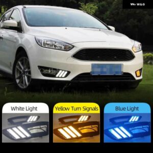 2個 車 LED デイタイム ランニングライト フォード フォーカス 3 MK3 2015-18 黄色 ウィンカー機能 DRL フォグランプ カバー カスタムパー