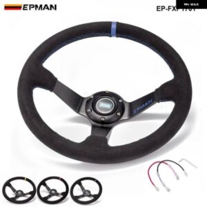 オート 350MM ディープディッシュ ドリフト レーシング ステアリングホイール スエード レザー ホーンボタン 付き EP-FXP1701