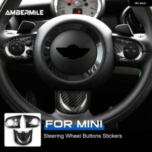 AMBERMIL カーボン インテリア トリム ステアリングホイール ボタン カバー ステッカー ミニクーパー R55 R56 R57 コンバーチブル