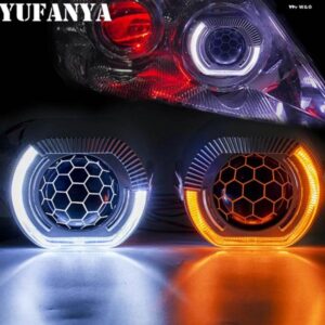 2.5インチ プロジェクターバイキセノン H1 レンズ ヘッドライト スクエアスポーツ LED エンジェルアイ DRL ホワイトとイエローシュラウド H4 H7 車用