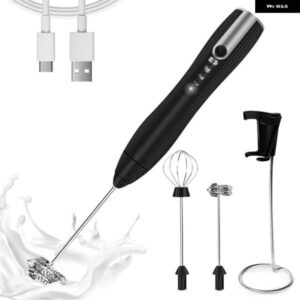 充電式ミルク泡立て器ハンドヘルド3スピード コーヒー用2ヘッド付き強力泡立てドリンクミキサー フォームメーカーブラック