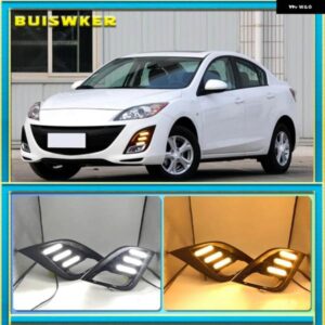 2個 DRL マツダ 3 アクセラ 2010-13 デイタイム ランニングライト フォグランプ イエローウィンカー 12V デイライト