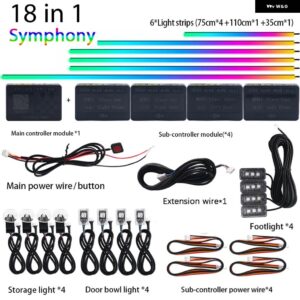 18IN1 デュアルゾーンシンフォニー LED カーアンビエントライト RGB 64色 インテリア レインボーアクリルストリップネオンムードライトキット アプリ - Symphony 18 in 1