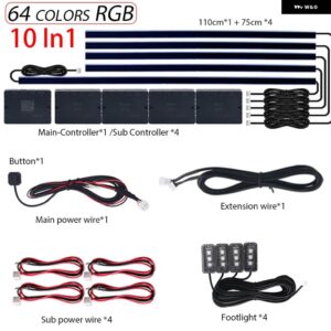 18IN1 デュアルゾーンシンフォニー LED カーアンビエントライト RGB 64色 インテリア レインボーアクリルストリップネオンムードライトキット アプリ - RGB 10 In 1