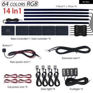 18IN1 デュアルゾーンシンフォニー LED カーアンビエントライト RGB 64色 インテリア レインボーアクリルストリップネオンムードライトキット アプリ - RGB 14 In 1