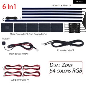 18IN1 デュアルゾーンシンフォニー LED カーアンビエントライト RGB 64色 インテリア レインボーアクリルストリップネオンムードライトキット アプリ - RGB 6 In 1