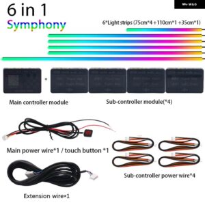 18IN1 デュアルゾーンシンフォニー LED カーアンビエントライト RGB 64色 インテリア レインボーアクリルストリップネオンムードライトキット アプリ - Symphony 6 in 1