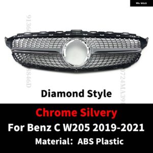 スポーツフロントフードグリル レーシング バンパー グリル ダイヤモンドスタイルメッシュチューニング メルセデス W205 ベンツ C C205 S205 2014-2021 - 19-21 Chrome Silvery