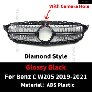 スポーツフロントフードグリル レーシング バンパー グリル ダイヤモンドスタイルメッシュチューニング メルセデス W205 ベンツ C C205 S205 2014-2021 - 19-21 Black With Cam