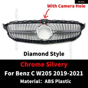 スポーツフロントフードグリル レーシング バンパー グリル ダイヤモンドスタイルメッシュチューニング メルセデス W205 ベンツ C C205 S205 2014-2021 - 19-21Silver With Cam