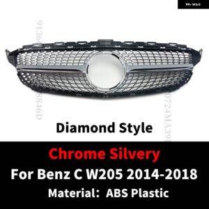 スポーツフロントフードグリル レーシング バンパー グリル ダイヤモンドスタイルメッシュチューニング メルセデス W205 ベンツ C C205 S205 2014-2021 - 14-18 Chrome Silvery
