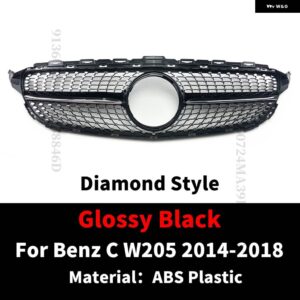 スポーツフロントフードグリル レーシング バンパー グリル ダイヤモンドスタイルメッシュチューニング メルセデス W205 ベンツ C C205 S205 2014-2021 - 14-18 Glossy Black