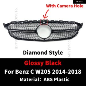 スポーツフロントフードグリル レーシング バンパー グリル ダイヤモンドスタイルメッシュチューニング メルセデス W205 ベンツ C C205 S205 2014-2021 - 14-18 Black With Cam