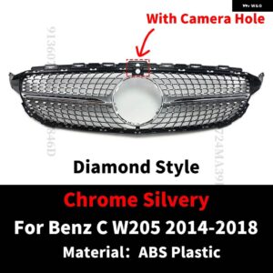 スポーツフロントフードグリル レーシング バンパー グリル ダイヤモンドスタイルメッシュチューニング メルセデス W205 ベンツ C C205 S205 2014-2021 - 14-18Silver With Cam