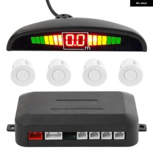 カーパークトロニック LED ディスプレイ自動パーキングセンサー キット リバースバックアップパーキングレーダー モニター検出 システム 4 センサー - White